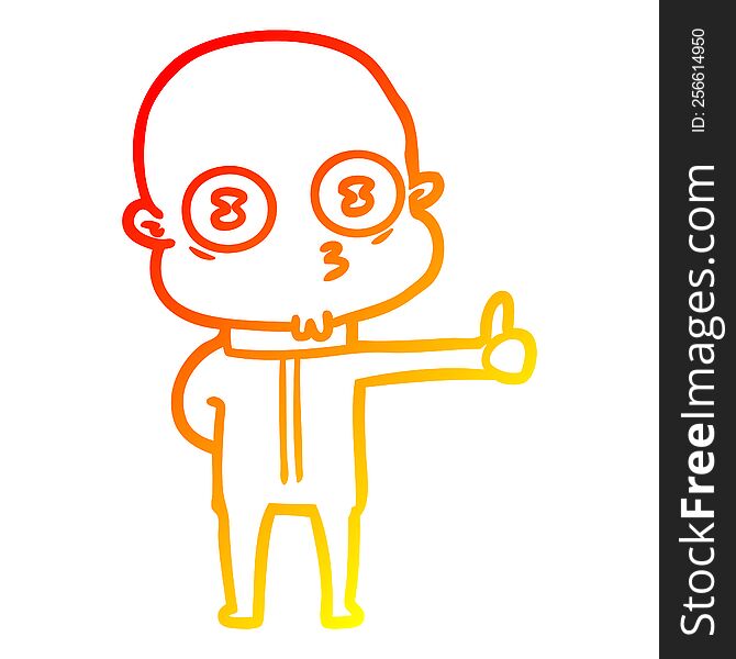 warm gradient line drawing of a cartoon weird bald spaceman giving thumbs up