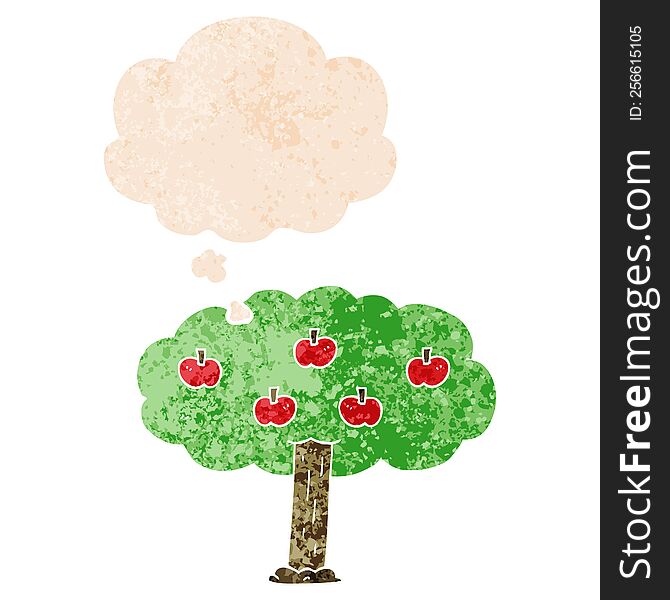 Cartoon Apple Tree And Thought Bubble In Retro Textured Style