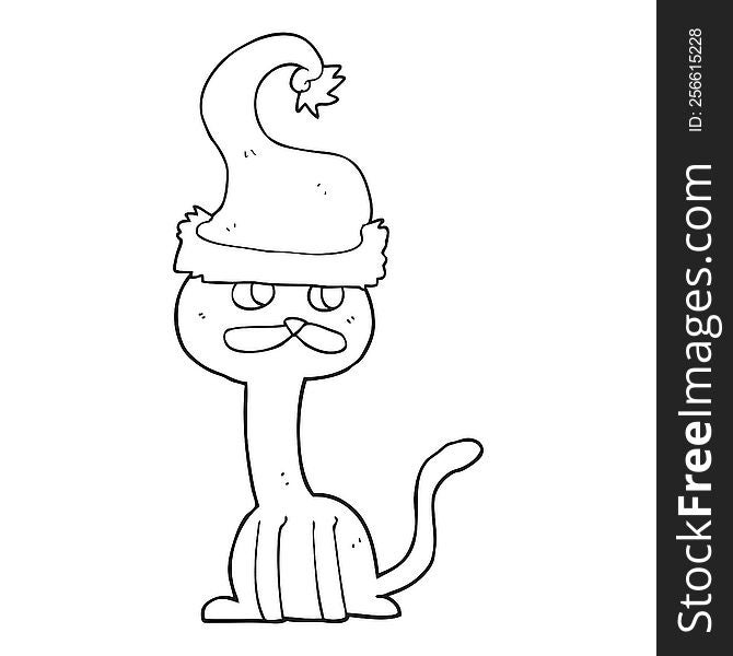 Black And White Cartoon Cat Wearing Christmas Hat