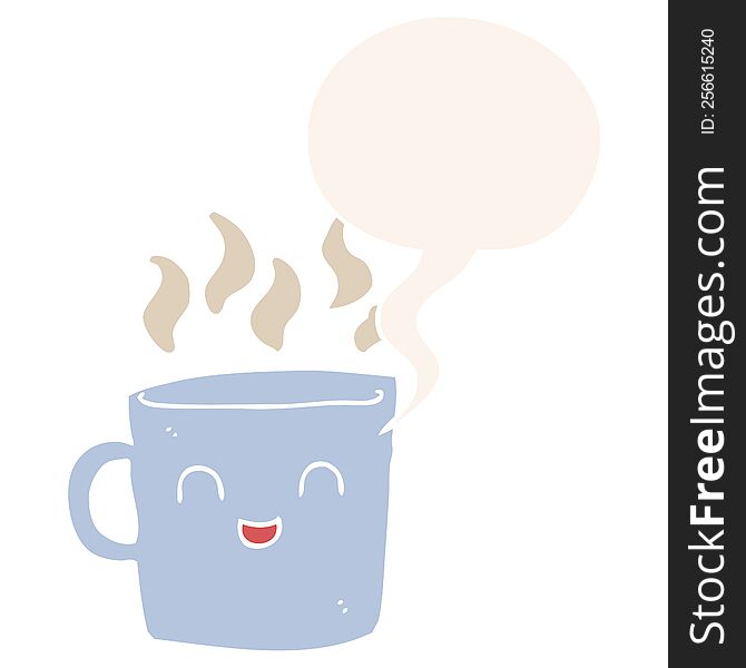 cute coffee cup cartoon with speech bubble in retro style