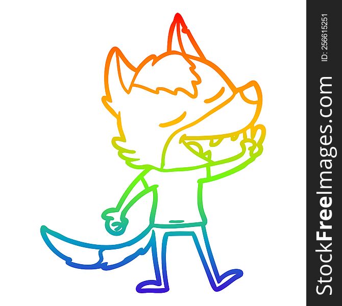 rainbow gradient line drawing of a cartoon wolf giving peace sign