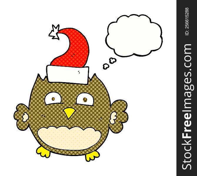 Thought Bubble Cartoon Owl Wearing Christmas Hat