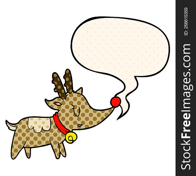 cartoon christmas reindeer with speech bubble in comic book style