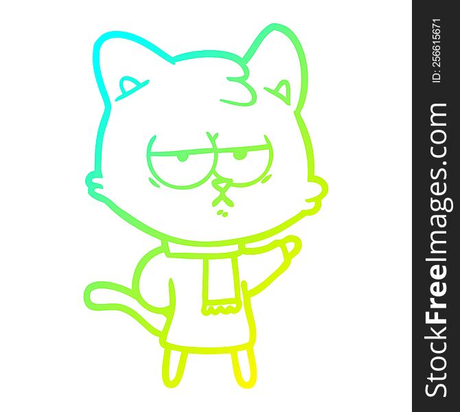 Cold Gradient Line Drawing Bored Cartoon Cat In Winter Clothes