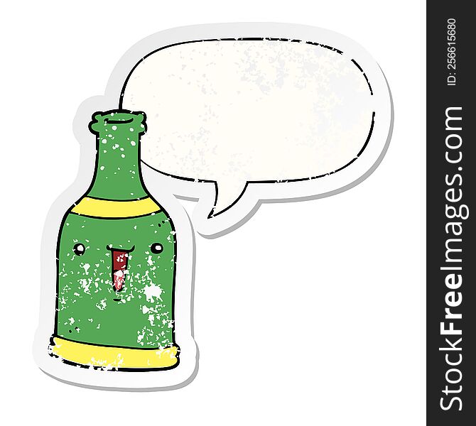 cartoon beer bottle with speech bubble distressed distressed old sticker. cartoon beer bottle with speech bubble distressed distressed old sticker