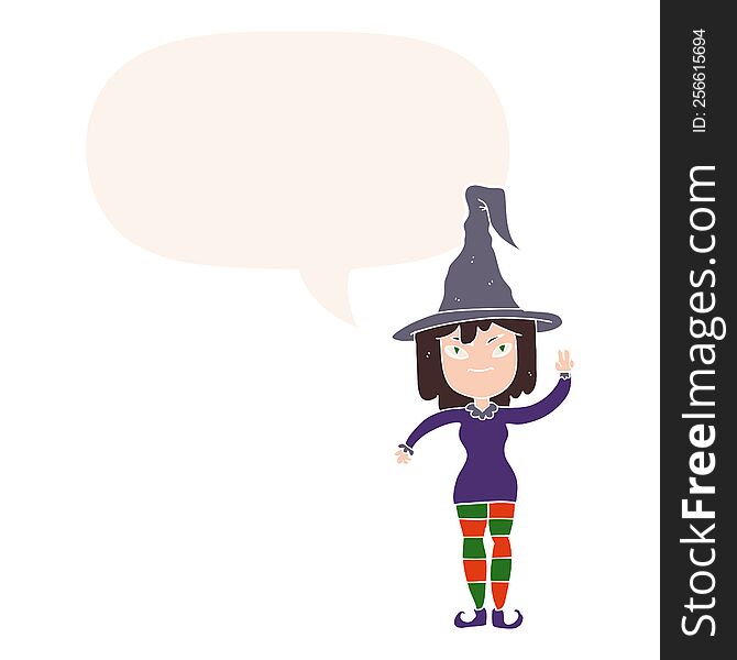 cartoon witch with speech bubble in retro style