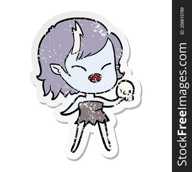 distressed sticker of a cartoon laughing vampire girl with skull