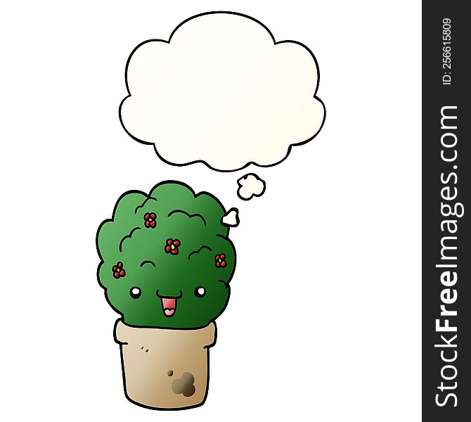 cartoon shrub in pot with thought bubble in smooth gradient style