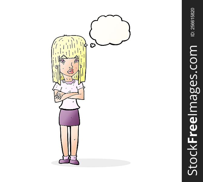 cartoon woman standing with thought bubble