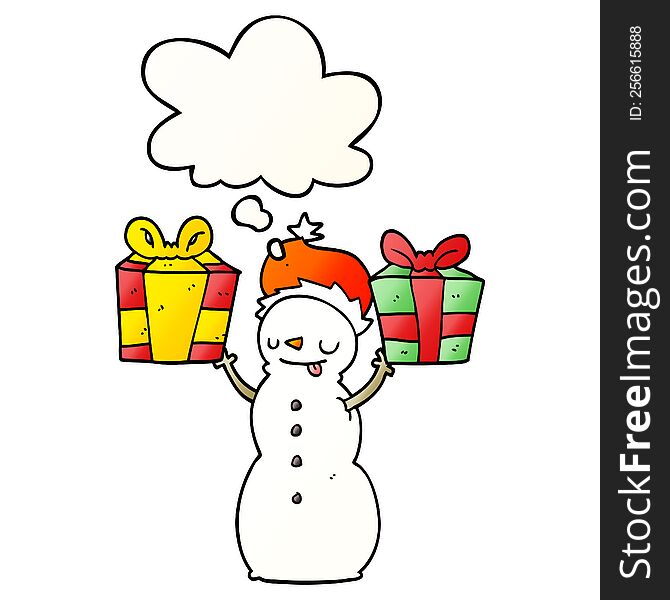 Cartoon Snowman With Present And Thought Bubble In Smooth Gradient Style
