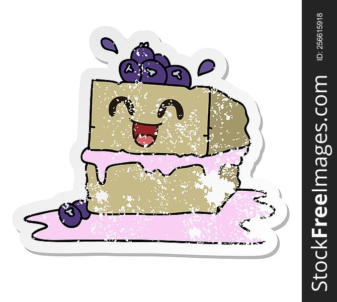 Distressed Sticker Of A Quirky Hand Drawn Cartoon Happy Cake Slice