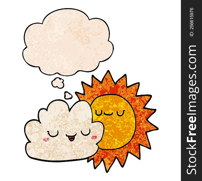 cartoon sun and cloud with thought bubble in grunge texture style. cartoon sun and cloud with thought bubble in grunge texture style