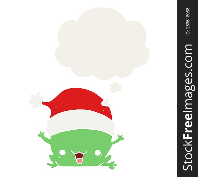cute cartoon christmas frog with thought bubble in retro style