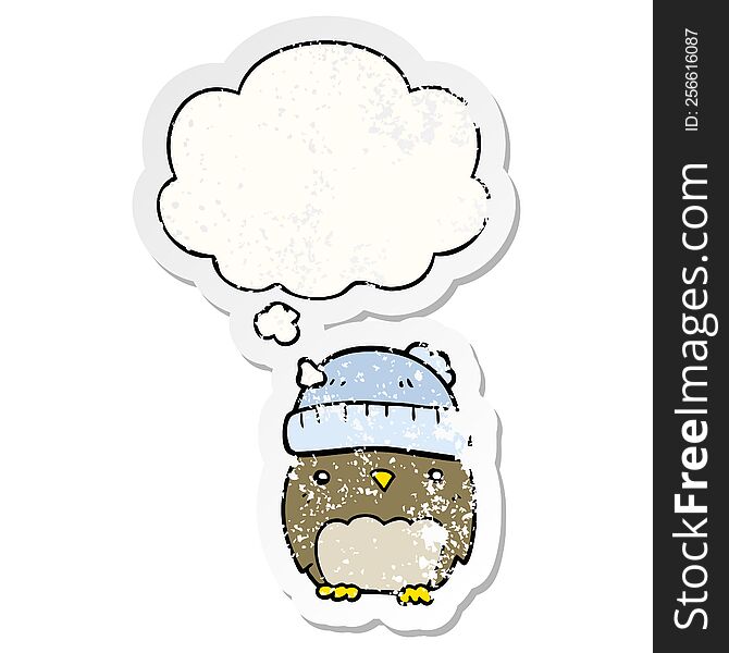 Cute Cartoon Owl In Hat And Thought Bubble As A Distressed Worn Sticker