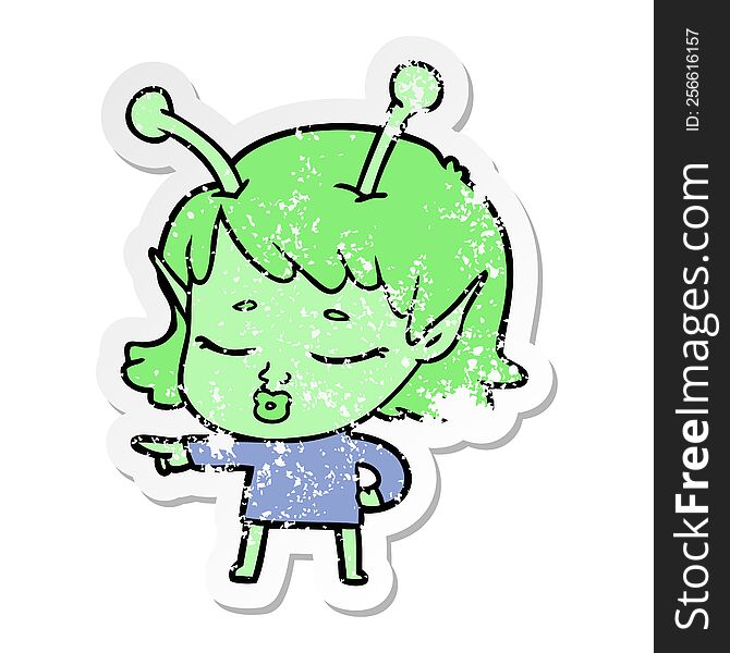 Distressed Sticker Of A Cute Alien Girl Cartoon Pointing
