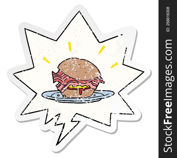 cartoon amazingly tasty bacon breakfast sandwich and cheese and speech bubble distressed sticker