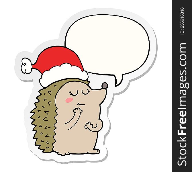Cartoon Hedgehog Wearing Christmas Hat And Speech Bubble Sticker