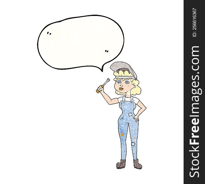 freehand speech bubble textured cartoon female mechanic
