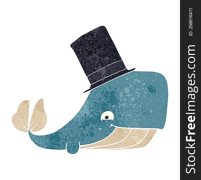 freehand retro cartoon whale in top hat