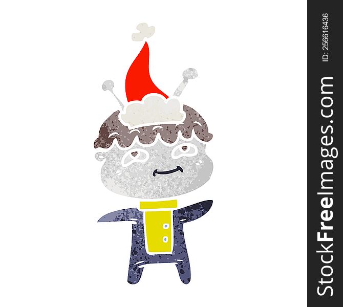 Friendly Retro Cartoon Of A Spaceman Wearing Santa Hat