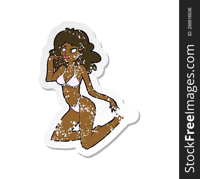 retro distressed sticker of a cartoon woman in underwear looking thoughtful