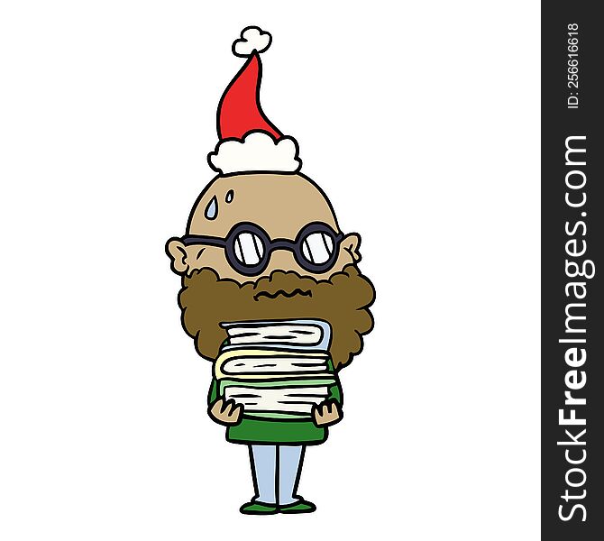 hand drawn line drawing of a worried man with beard and stack of books wearing santa hat