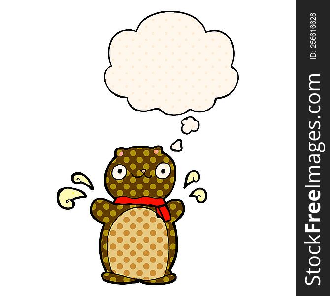 cartoon happy teddy bear with thought bubble in comic book style