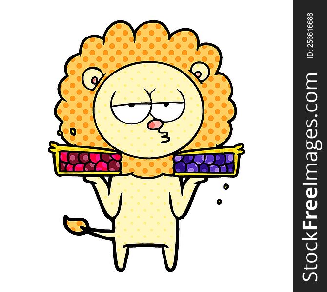 cartoon bored lion with pies. cartoon bored lion with pies
