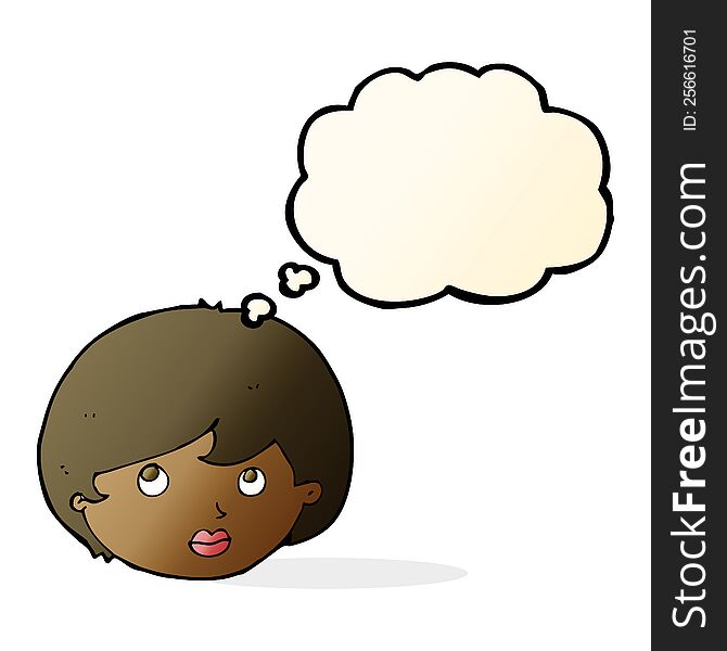 cartoon female face looking upwards with thought bubble