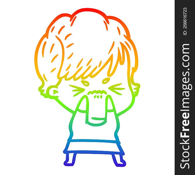 Rainbow Gradient Line Drawing Cartoon Frustrated Woman