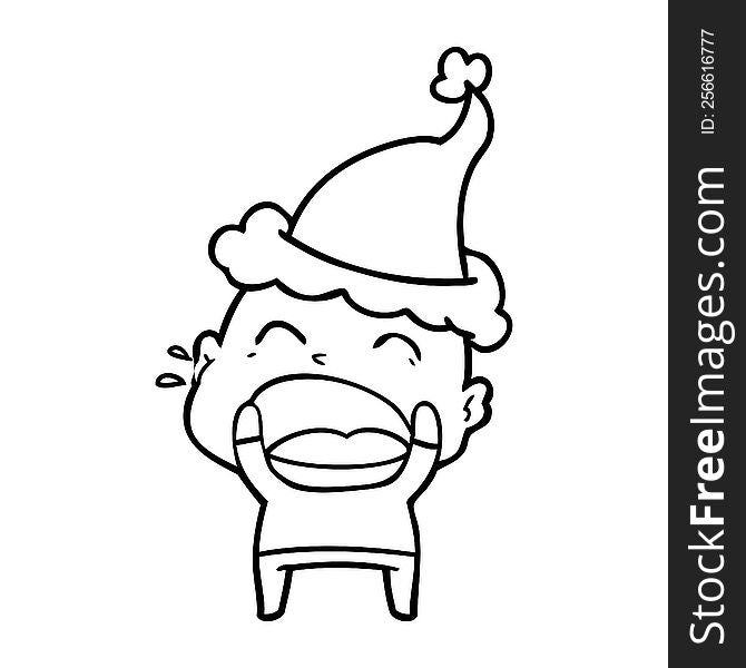 Line Drawing Of A Shouting Bald Man Wearing Santa Hat