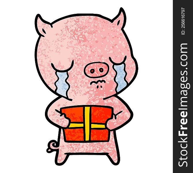 cartoon pig crying over christmas present. cartoon pig crying over christmas present