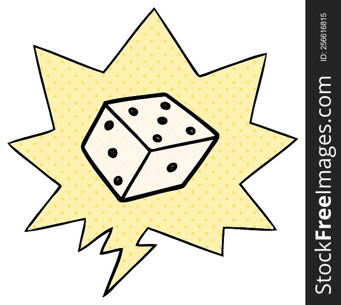 cartoon dice with speech bubble in comic book style