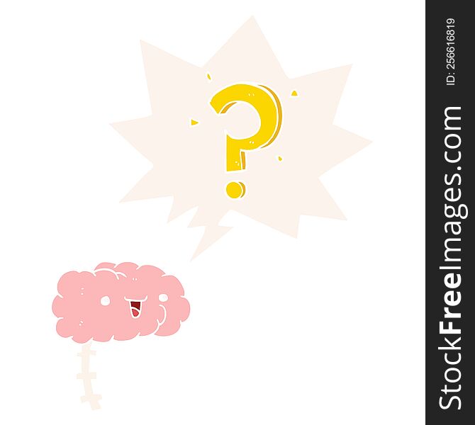 cartoon curious brain with speech bubble in retro style