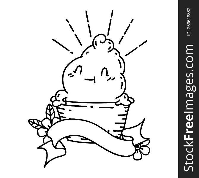 Banner With Black Line Work Tattoo Style Ice Cream Character