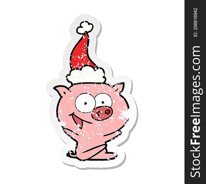 Cheerful Sitting Pig Distressed Sticker Cartoon Of A Wearing Santa Hat