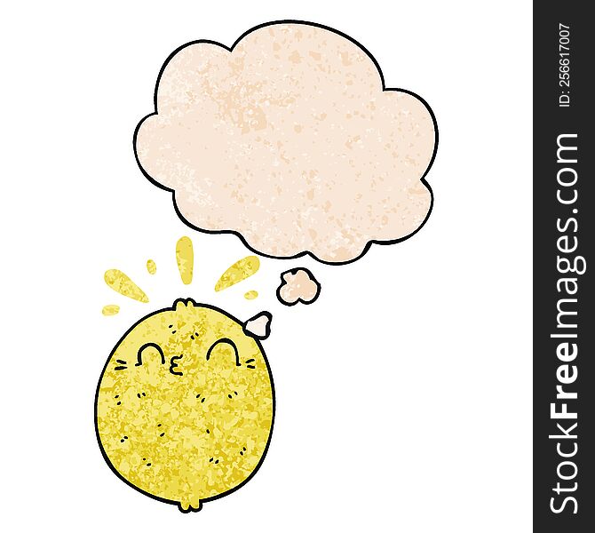 Cute Cartoon Lemon And Thought Bubble In Grunge Texture Pattern Style