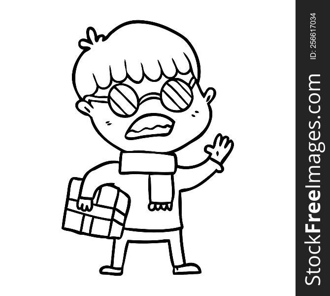 cartoon boy holding gift and wearing spectacles. cartoon boy holding gift and wearing spectacles