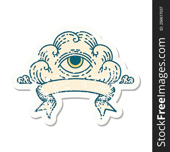 grunge sticker with banner of an all seeing eye cloud