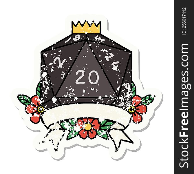 grunge sticker of a natural 20 critical hit D20 dice roll. grunge sticker of a natural 20 critical hit D20 dice roll