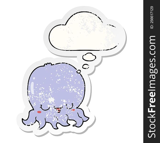 cartoon jellyfish with thought bubble as a distressed worn sticker