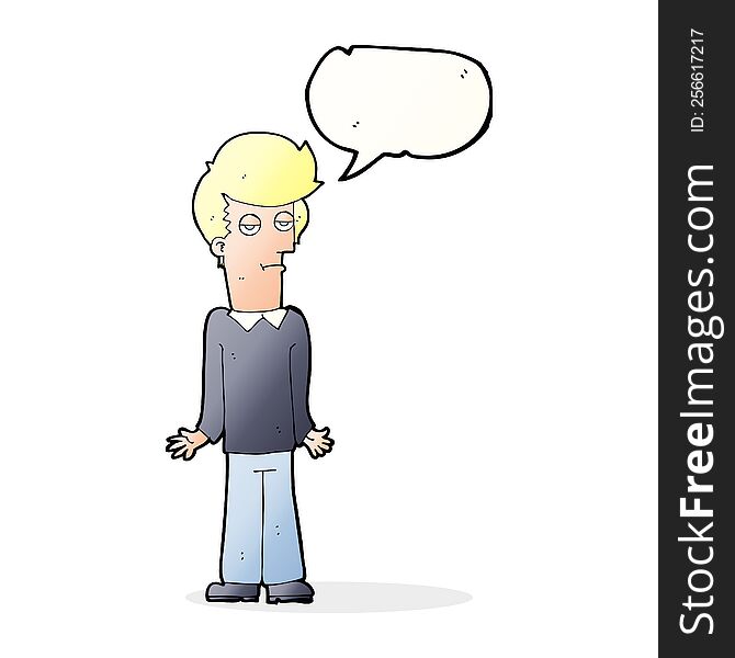 Cartoon Bored Man Shrugging Shoulders With Speech Bubble