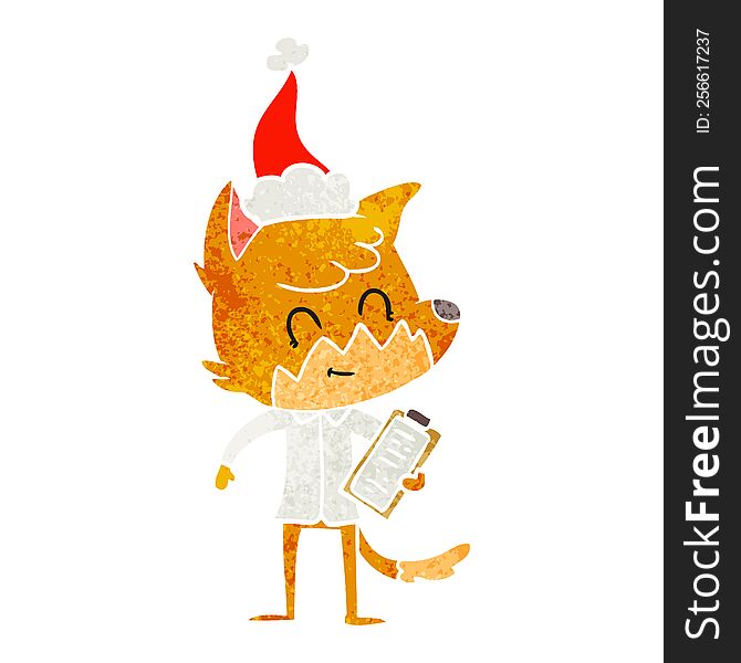 hand drawn retro cartoon of a friendly fox manager wearing santa hat