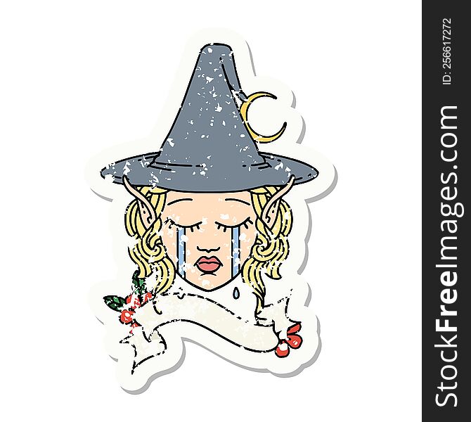 grunge sticker of a sad elf mage character face. grunge sticker of a sad elf mage character face
