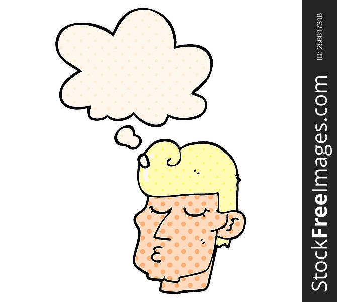 cartoon handsome man with thought bubble in comic book style