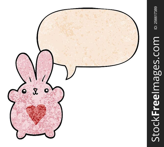 cute cartoon rabbit and love heart and speech bubble in retro texture style