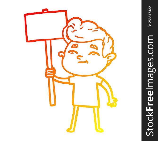 warm gradient line drawing of a happy cartoon man with sign
