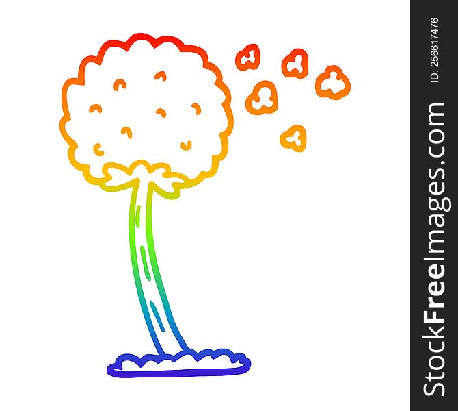 rainbow gradient line drawing of a cartoon dandelion blowing in wind