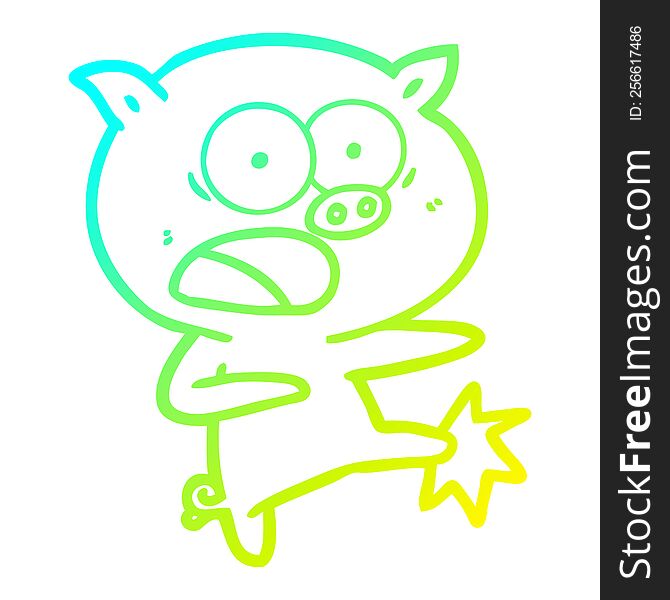 cold gradient line drawing of a cartoon pig shouting and kicking