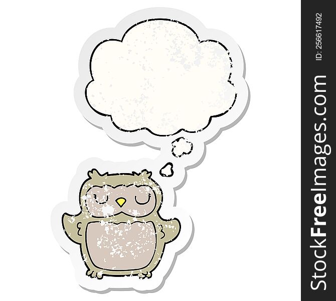 Cartoon Owl And Thought Bubble As A Distressed Worn Sticker